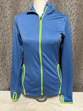Nike Dri-Fit Full Zip Womens Running Jacket Heather Blue Neon Green Sz XS